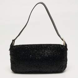 Pre Owned Fendi Baguette Black Beaded and Leather Flap Bag