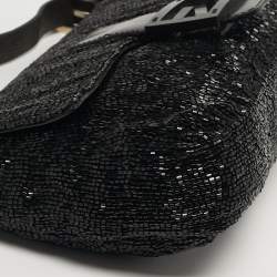 Pre Owned Fendi Baguette Black Beaded and Leather Flap Bag
