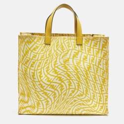 Pre Owned Fendi Mania Large Yellow/White FF Vertigo Coated Canvas Tote