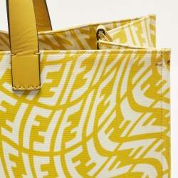مملوكة مسبقًا حقيبة يد توتس فندي فيرتيجو إف إف مغلفة كانفاس أصفر/أبيض كبيرة مانيا