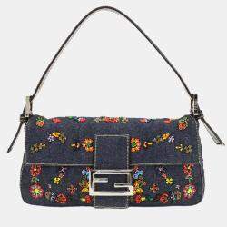 مملوكة مسبقًا Fendi Zucca Mamma Baguette Shoulder Bag In Navy And Multicolor Denim Beaded Embroidery Floral Pattern