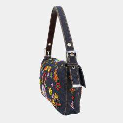 مملوكة مسبقًا Fendi Zucca Mamma Baguette Shoulder Bag In Navy And Multicolor Denim Beaded Embroidery Floral Pattern