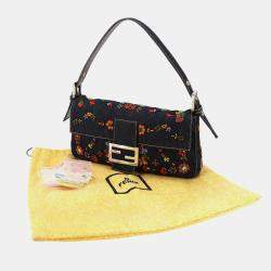 مملوكة مسبقًا Fendi Zucca Mamma Baguette Shoulder Bag In Navy And Multicolor Denim Beaded Embroidery Floral Pattern