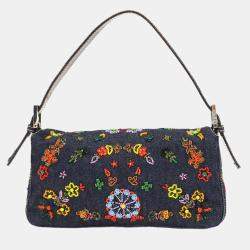 مملوكة مسبقًا Fendi Zucca Mamma Baguette Shoulder Bag In Navy And Multicolor Denim Beaded Embroidery Floral Pattern
