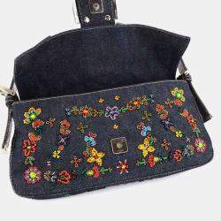 مملوكة مسبقًا Fendi Zucca Mamma Baguette Shoulder Bag In Navy And Multicolor Denim Beaded Embroidery Floral Pattern