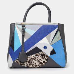 Pre Owned Fendi Grey/Blue Leather Pony Hair Petit Qu Tweet 2Jours Tote