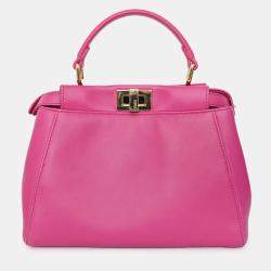 Pre Owned Fendi Fuchsia Leather Mini Peekaboo Top Handle Bag with Strap