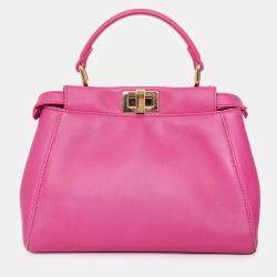 Pre Owned Fendi Fuchsia Leather Mini Peekaboo Top Handle Bag with Strap