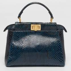 Pre Owned Fendi Peekaboo Navy Blue/Black Mini Python Top Handle Bag
