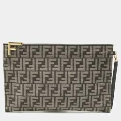 Pre Owned Fendi Logo Zip Grey/Black Zucca Velvet Flat Wristlet Clutch