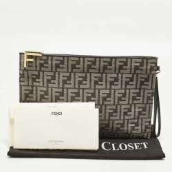 Pre Owned Fendi Logo Zip Grey/Black Zucca Velvet Flat Wristlet Clutch