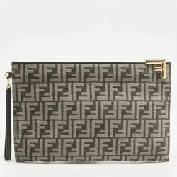 Pre Owned Fendi Logo Zip Grey/Black Zucca Velvet Flat Wristlet Clutch