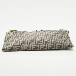 Pre Owned Fendi Logo Zip Grey/Black Zucca Velvet Flat Wristlet Clutch
