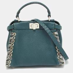 Pre Owned Fendi Whipstitch Peekaboo Small Dark Green Leather and Snakeskin Top Handle Bag