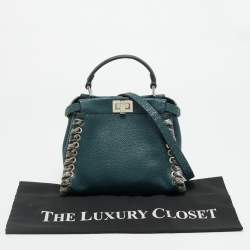 Pre Owned Fendi Whipstitch Peekaboo Small Dark Green Leather and Snakeskin Top Handle Bag