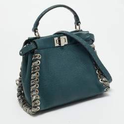 Pre Owned Fendi Whipstitch Peekaboo Small Dark Green Leather and Snakeskin Top Handle Bag