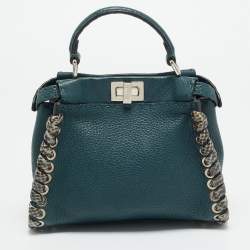 Pre Owned Fendi Whipstitch Peekaboo Small Dark Green Leather and Snakeskin Top Handle Bag