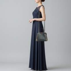 Pre Owned Fendi Whipstitch Peekaboo Small Dark Green Leather and Snakeskin Top Handle Bag