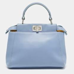 Pre Owned Fendi Peekaboo Mini Sky Blue Leather Top Handle Bag