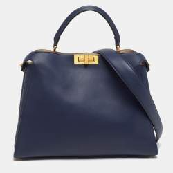 Pre Owned Fendi Peekaboo Iconic Large Navy Blue Leather Essentially Top Handle Bag