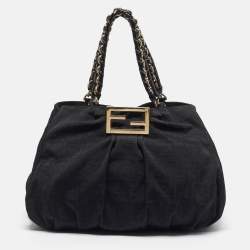 Pre Owned حقيبة كتف فندي ميا كبيرة قماش زوكا جلد وبراءات جلدية سوداء