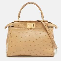 Pre Owned Fendi Peekaboo Mini Beige Ostrich Leather Top Handle Bag