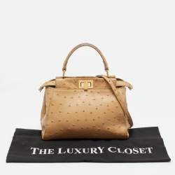 Pre Owned Fendi Peekaboo Mini Beige Ostrich Leather Top Handle Bag