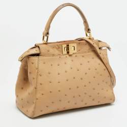 Pre Owned Fendi Peekaboo Mini Beige Ostrich Leather Top Handle Bag