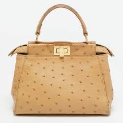 Pre Owned Fendi Peekaboo Mini Beige Ostrich Leather Top Handle Bag