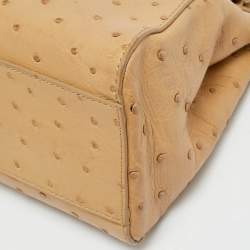 Pre Owned Fendi Peekaboo Mini Beige Ostrich Leather Top Handle Bag
