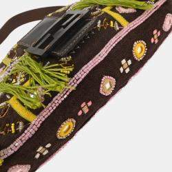 Pre Owned Fendi Brown Cotton Beaded Embroidered Baguette Handbag