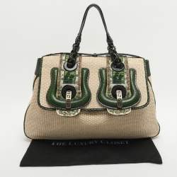 Pre Owned Fendi B Buckle Large Beige Raffia and Python Top Handle Bag