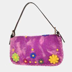 Pre Owned Fendi Purple Felt Patchwork Baguette Handbag