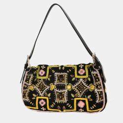 Pre Owned Fendi Black Cotton Beaded Embroidered Baguette Handbag