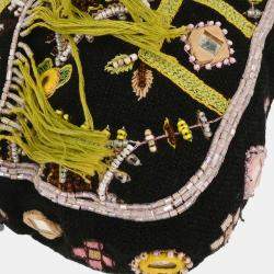 Pre Owned Fendi Black Cotton Beaded Embroidered Baguette Handbag