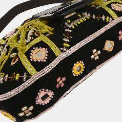 Pre Owned Fendi Black Cotton Beaded Embroidered Baguette Handbag