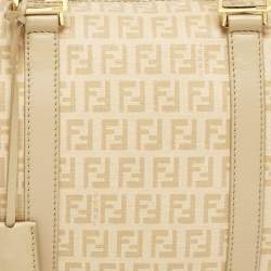 Pre Owned Fendi Forever Bauletto Medium Beige Zucchino Spalmati Canvas Boston Bag
