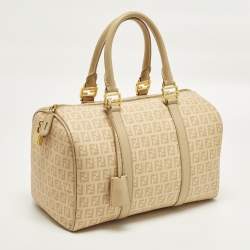 Pre Owned Fendi Forever Bauletto Medium Beige Zucchino Spalmati Canvas Boston Bag