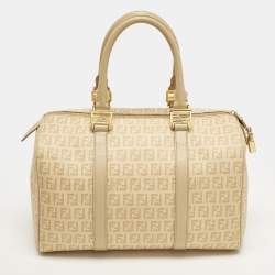 Pre Owned Fendi Forever Bauletto Medium Beige Zucchino Spalmati Canvas Boston Bag