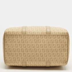 Pre Owned Fendi Forever Bauletto Medium Beige Zucchino Spalmati Canvas Boston Bag