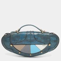 Pre Owned Fendi Vanity Mirror Metallic Blue Lizard Leather Clutch