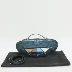 Pre Owned Fendi Vanity Mirror Metallic Blue Lizard Leather Clutch