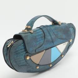 Pre Owned Fendi Vanity Mirror Metallic Blue Lizard Leather Clutch