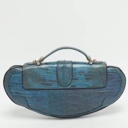 Pre Owned Fendi Vanity Mirror Metallic Blue Lizard Leather Clutch