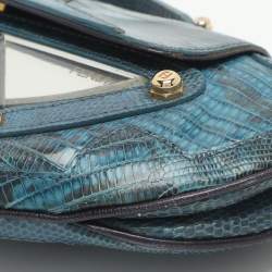Pre Owned Fendi Vanity Mirror Metallic Blue Lizard Leather Clutch