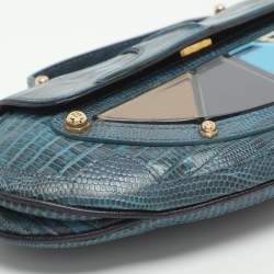 Pre Owned Fendi Vanity Mirror Metallic Blue Lizard Leather Clutch