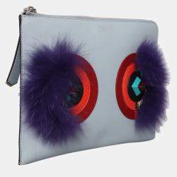 Pre Owned Fendi Monster Light Blue Leather Clutch Bag