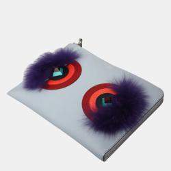 Pre Owned Fendi Monster Light Blue Leather Clutch Bag