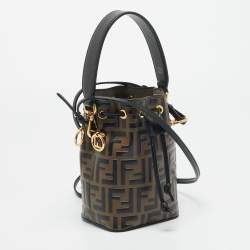 Pre Owned Fendi Mon Tresor Mini Black/Brown FF Leather Bucket Bag