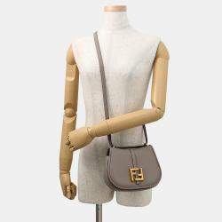 Pre Owned Fendi C'Mon Shoulder Bag Greige Leather Size Small
